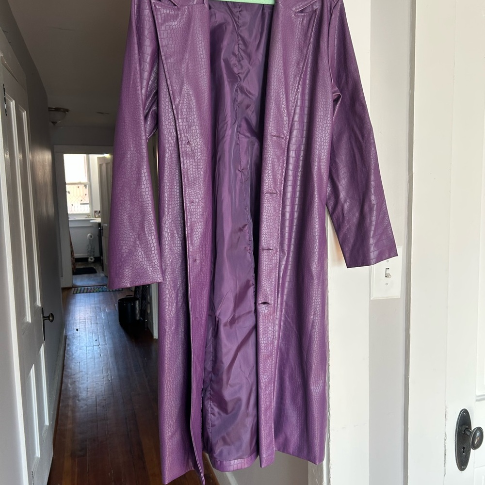 Purple Women's Long Faux Leather Trench Coat